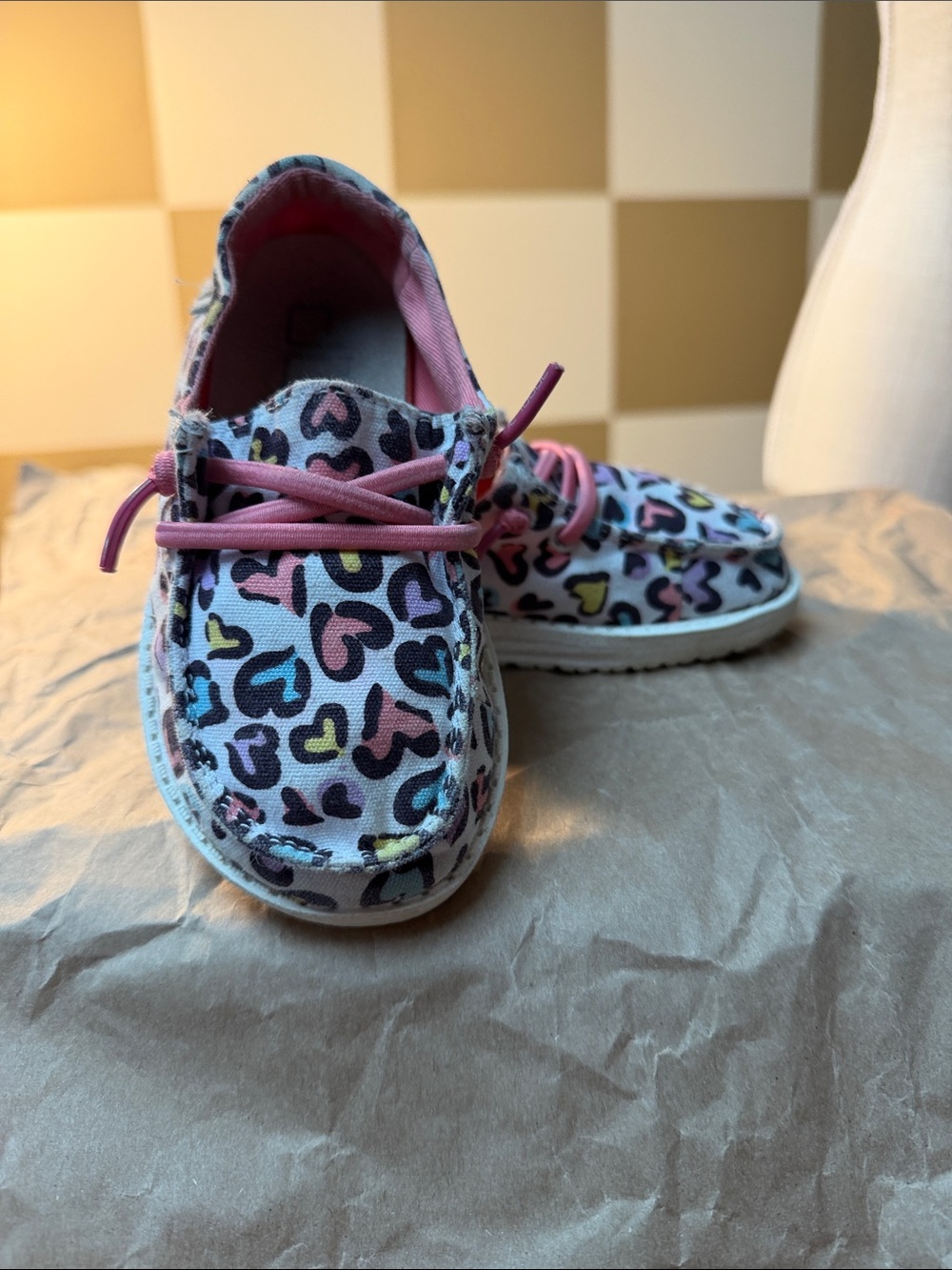 Hey Dude Kids Heart Pattern Canvas Shoes in Pink, Blue, Yellow, Black